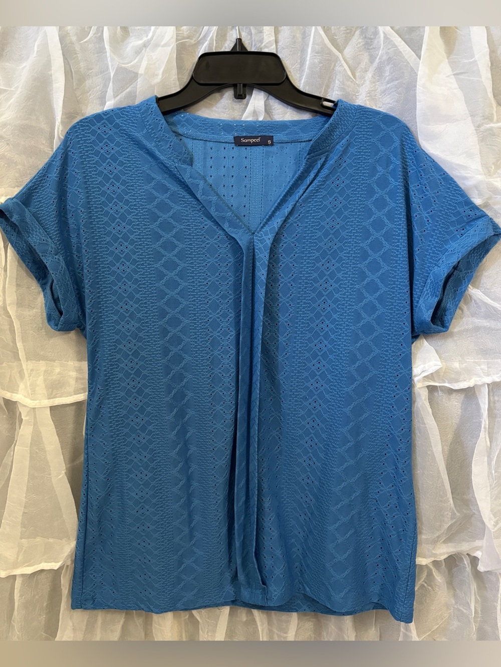 Blue Eyelet Knit V-Neck Top